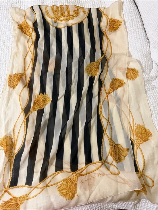 Dior Accessories - Christian Dior Sheer Silk Scarf in Black, Cream & Gold Tassel Motif ( final sale